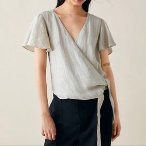 NWT ZARA oatmeal Linen V-neck Wrap Top Flu…